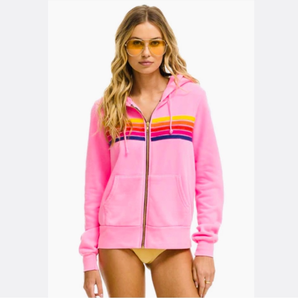 Aviator Nation Neon pink yellow purple five stripe hoodie Small